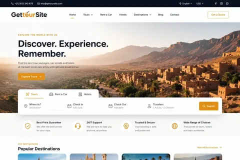 Dashboard mockup of a travel booking platform with destination search and trip offers